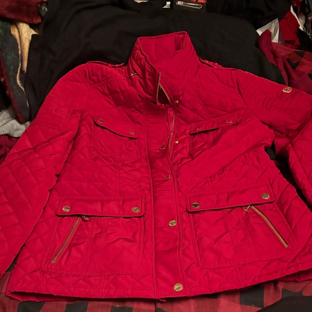 Michael Kors Red Quilted Puffer Jacket with Gold-Tone Hardware